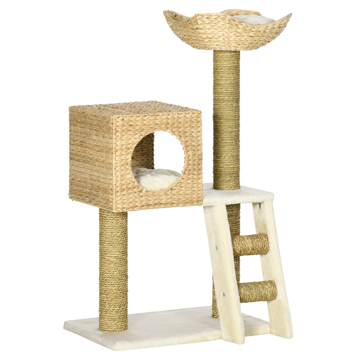 Cat Tree for Indoor Cats Kitten Tower Cattail Weave with Scratching Posts, Cat House, Bed， Washable Cushions Natural, 57 x 37 x 100.5 cm