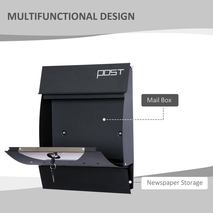 Steel Wall Mounted Mail Box Post Letter Lockable with Waterproof  Lid -  Black