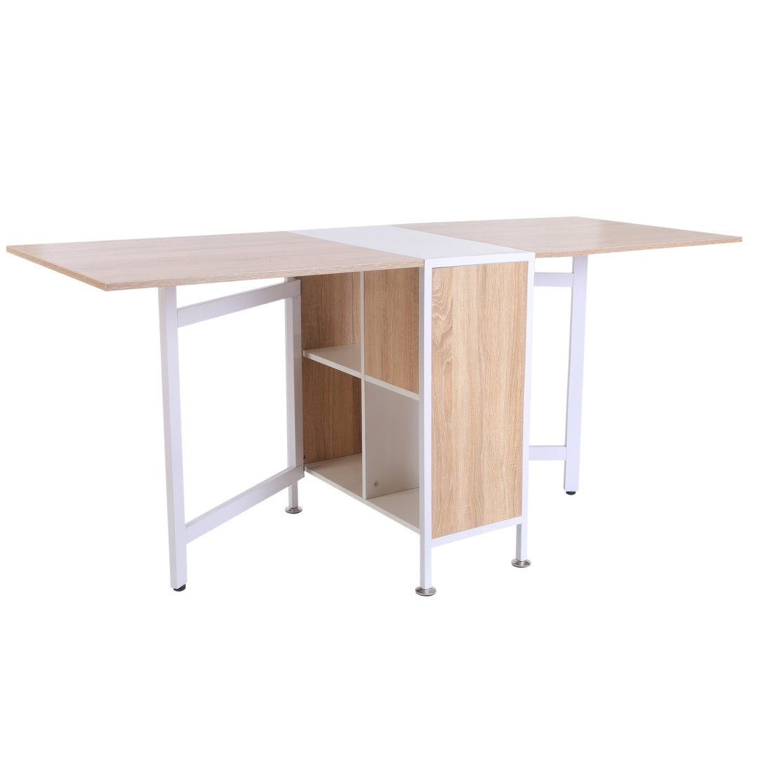 Foldable Dining Table Folding Workstation for Small Space with Storage Shelves Cubes Oak & White