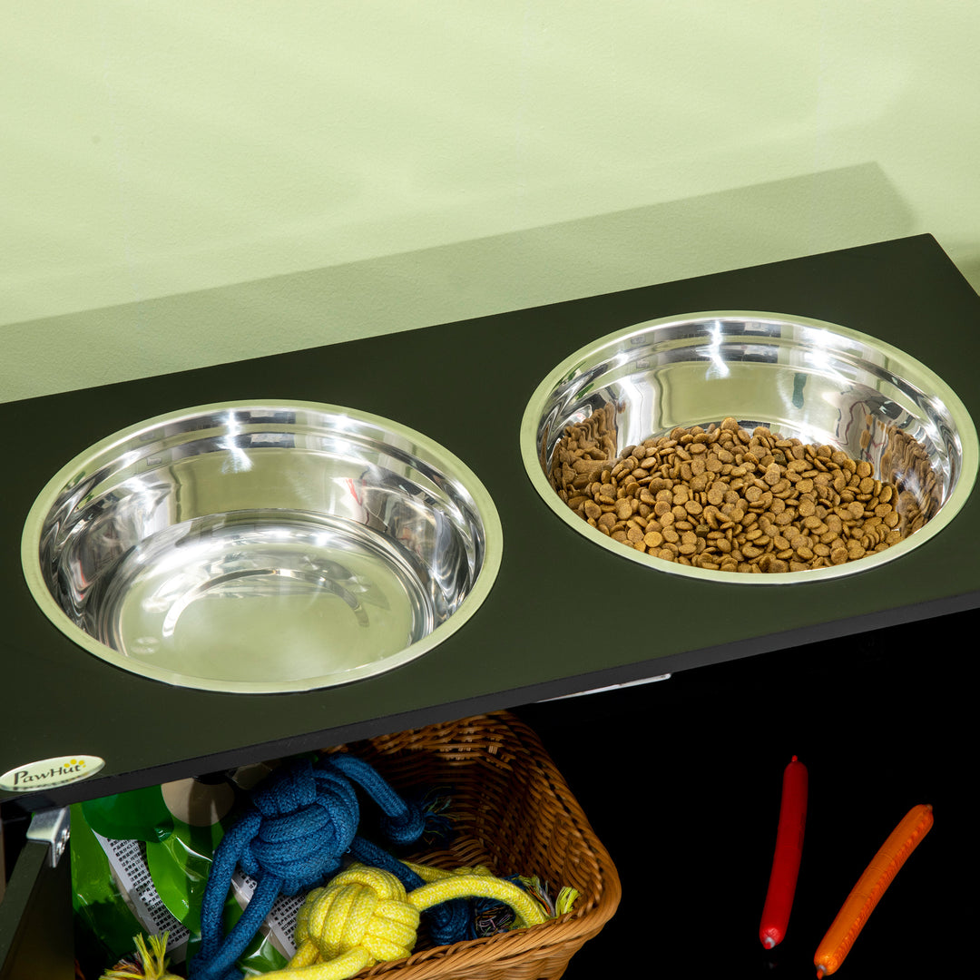 PawHut Raised Dog Bowls for Large Dogs Pet Feeding Station with Stand, Storage, 2 Stainless Steel Food and Water Bowls, Black, 60 x 30 x 35.5 cm