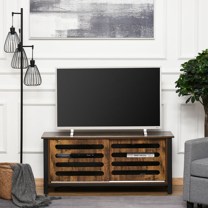 Industrial TV Stand for TVs up to 50 Inches, TV Cabinet with Sliding Doors, Storage Shelves, Cable hole for Living Room Bedroom, Rustic Brown