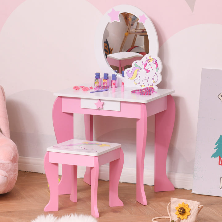 Girls Dressing Table with Mirror and Stool, Kids Dressing Table, Unicorn Pretend Play Toy for Toddles Girls Age 3-6 Years, Acrylic Mirror, Pink and White