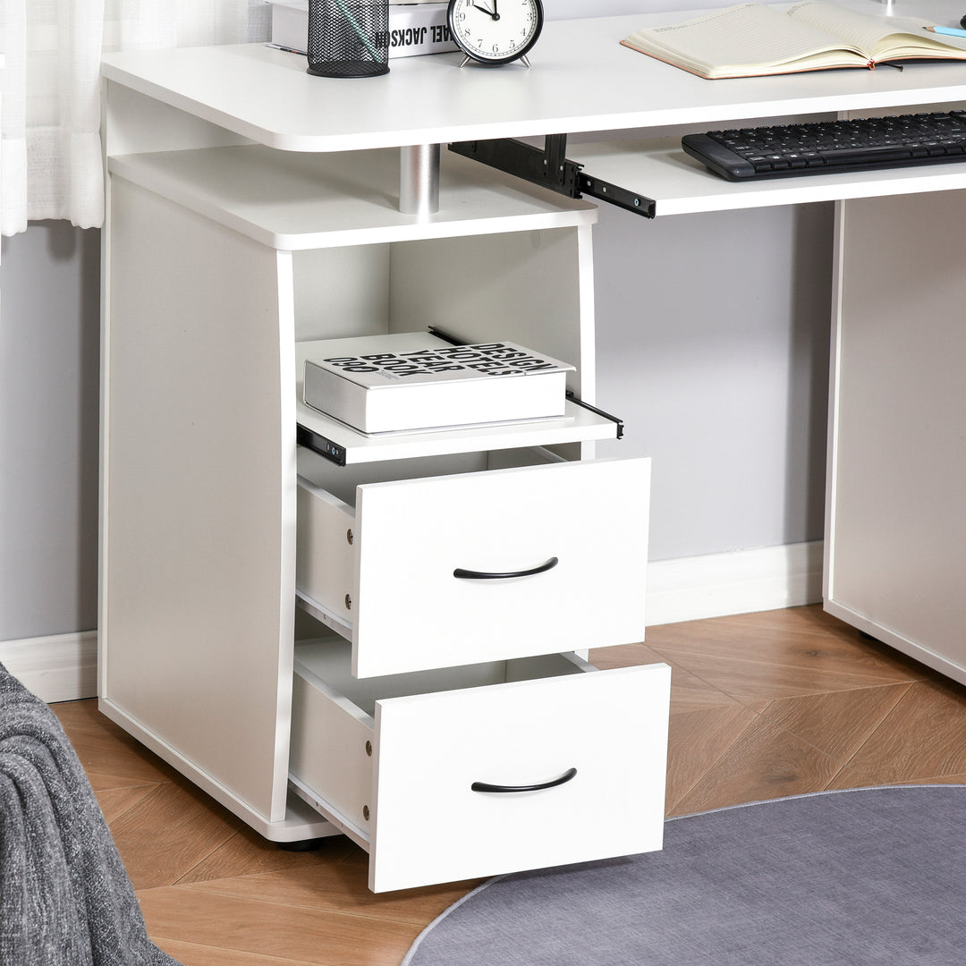 Computer Desk Office PC Table Workstation Gaming Study with Keyboard Tray, CPU Shelf, Wooden, Drawers, Sliding Scanner Shelf, White