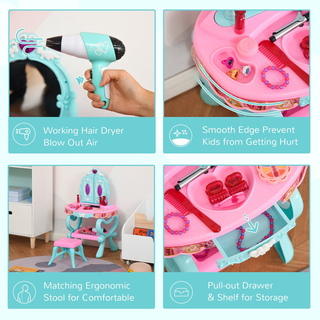 32 PCS Kids Vanity Dressing Table Play Set, Beauty Kit Pretend Toy w/ Magic Glamour Princess Mirror Hair Dryer Make Up Desk Stool, Blue+Pink
