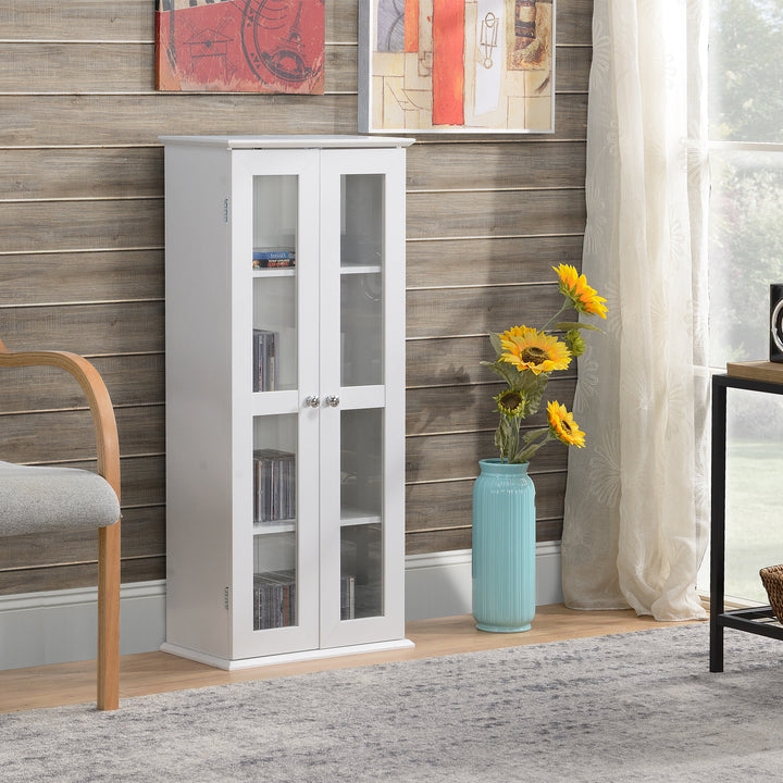 HOMCOM Media Cabinet - Holds up to 100 CDs, 4-Tier CD Storage Unit, Modern Bookcase with Magnetic Doors and Wide Base for Home, White