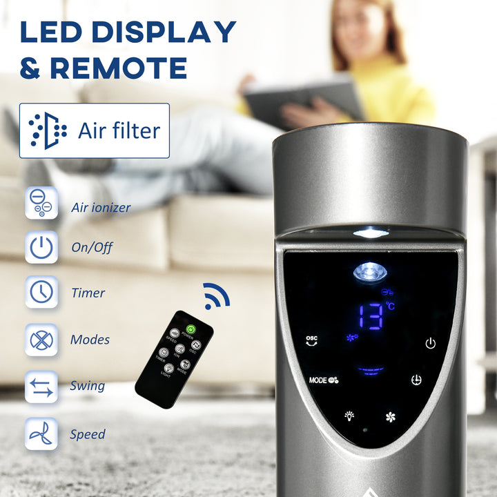 HOMCOM 46" Tower Fan Cooling with Ionizer, Air Filter, Oscillating, 3 Speed, 12h Timer, Remote Controller, for Bedroom, Grey