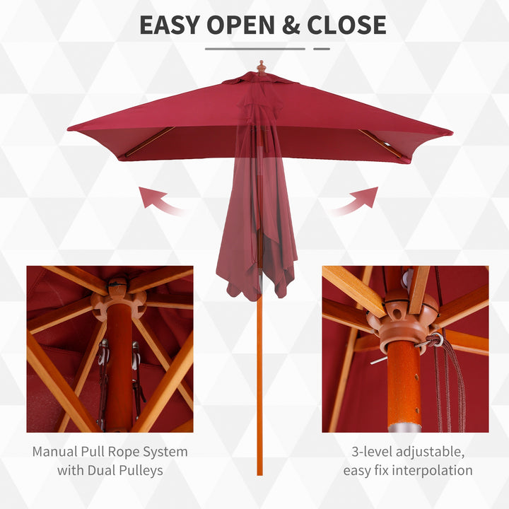 Outsunny 2 x 1.5m Patio Garden Parasol Sun Umbrella Sunshade Canopy Outdoor Backyard Furniture Fir Wooden Pole 6 Ribs Tilt Mechanism - Wine Red