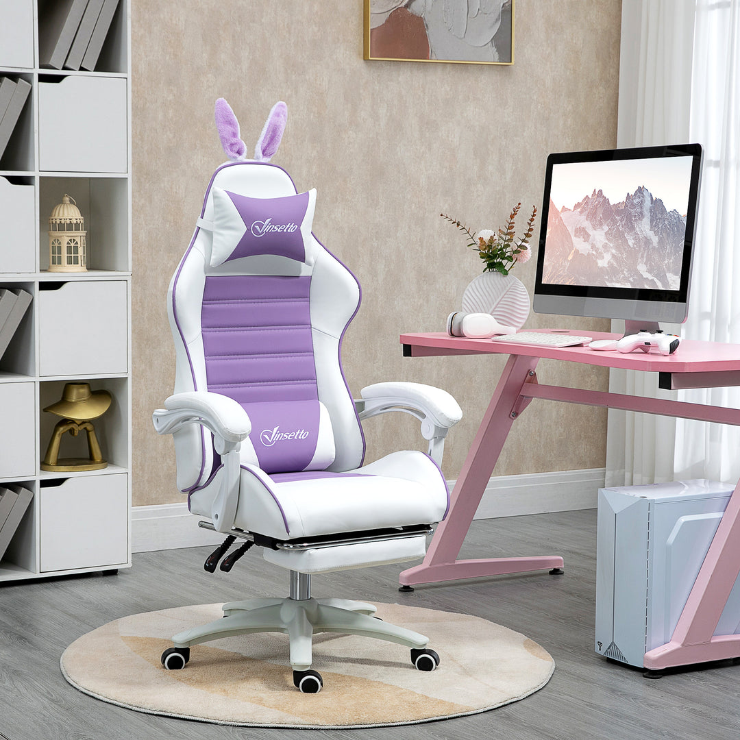 Vinsetto Racing Gaming Chair, Reclining PU Leather Computer Chair with Removable Rabbit Ears, Purple