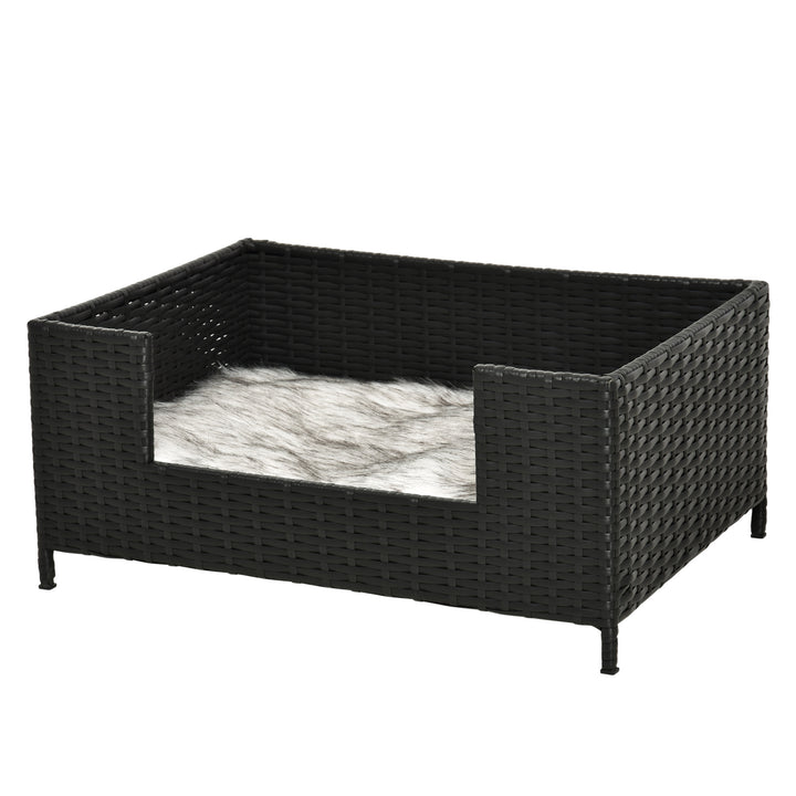 PawHut Rattan Dog Cat Bed Four Feet Pet House Hand-knitted Metal Small Animal Sofa Rattan with Soft Machine Washable Cushion Black 61L x 46W x 27H cm