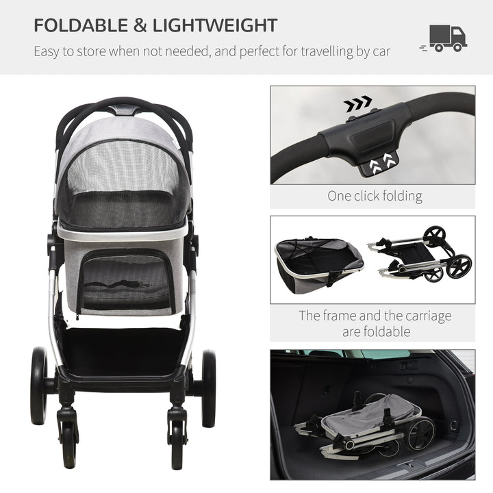 3-In-1 One Click Foldable Pet Stroller Detachable Dog Cat Travel Pushchair Car Seat with EVA Wheels Basket Safety Leash Cushion Light Grey