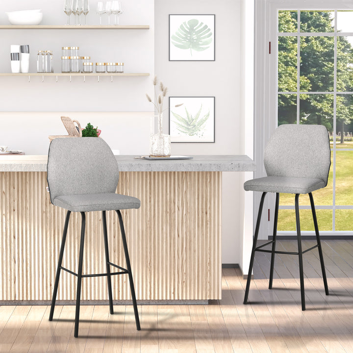 Bar Stools Set of 2, Linen-Touch Upholstered Bar Chairs, Kitchen Stools with Backs and Steel Legs, Light Grey