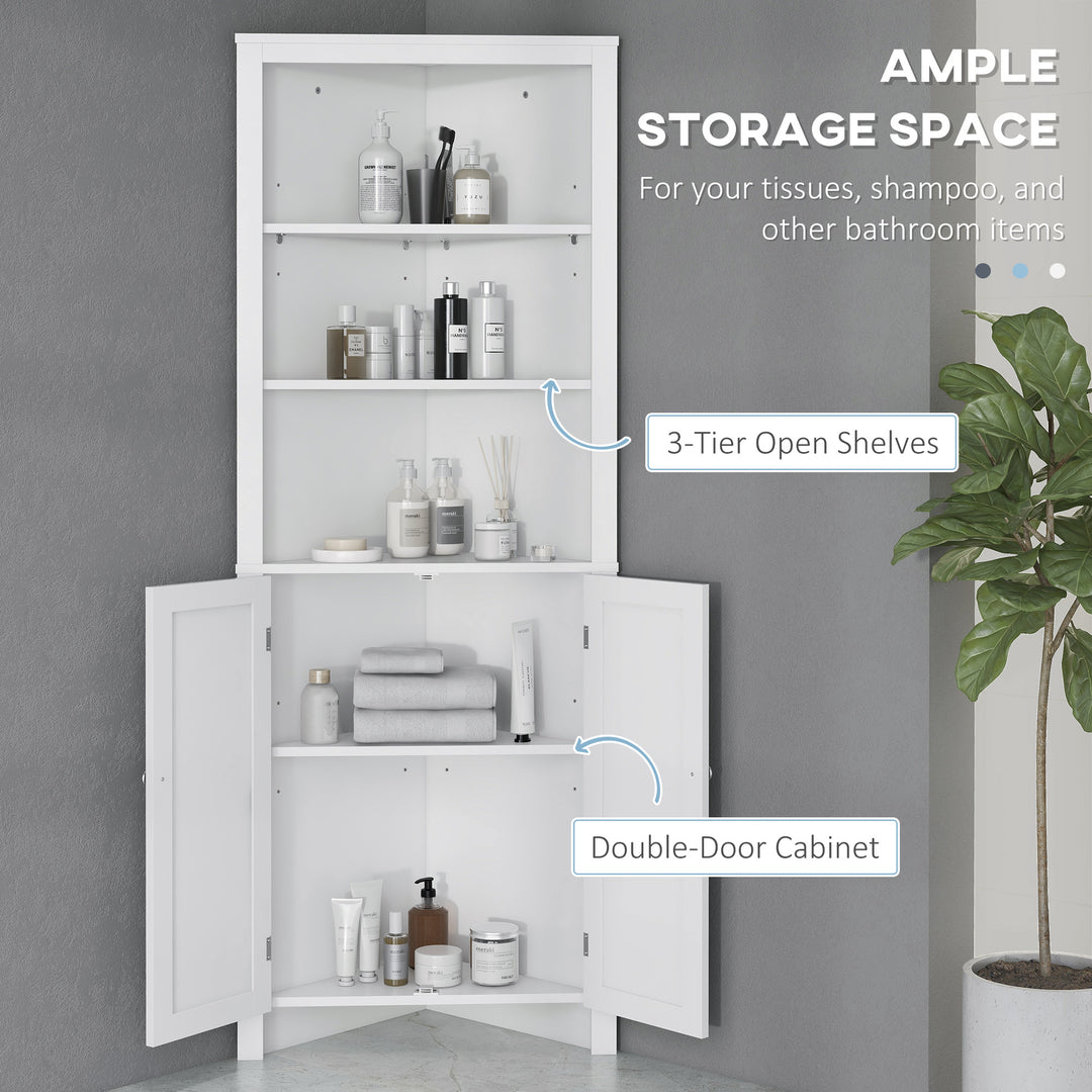 Triangle Bathroom Cabinet, Corner Bathroom Storage Unit with Cupboard and 3-Tier Shelves, Free Standing, White