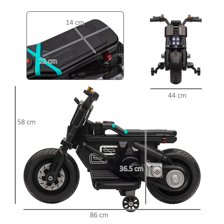 Kids Electric Motorbike with Siren, Horn, Headlights, Music, Training Wheels, for Ages 3-5 Years - Black