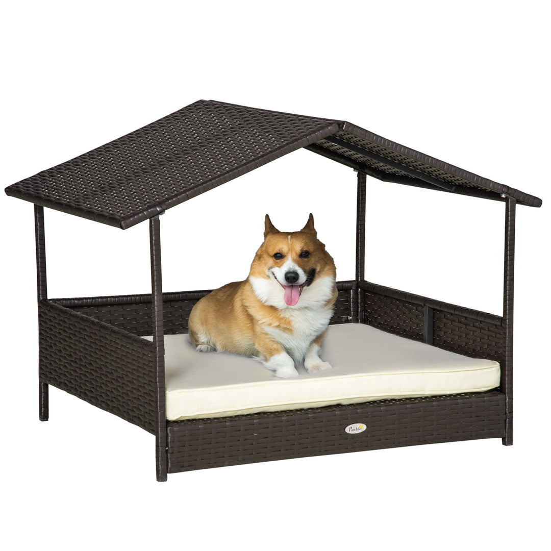 Wicker Dog House, Rattan Pet Bed with Soft Cushion, Canopy, Cat House with Anti-slip Pads, Brown, 98 x 69 x 73 cm