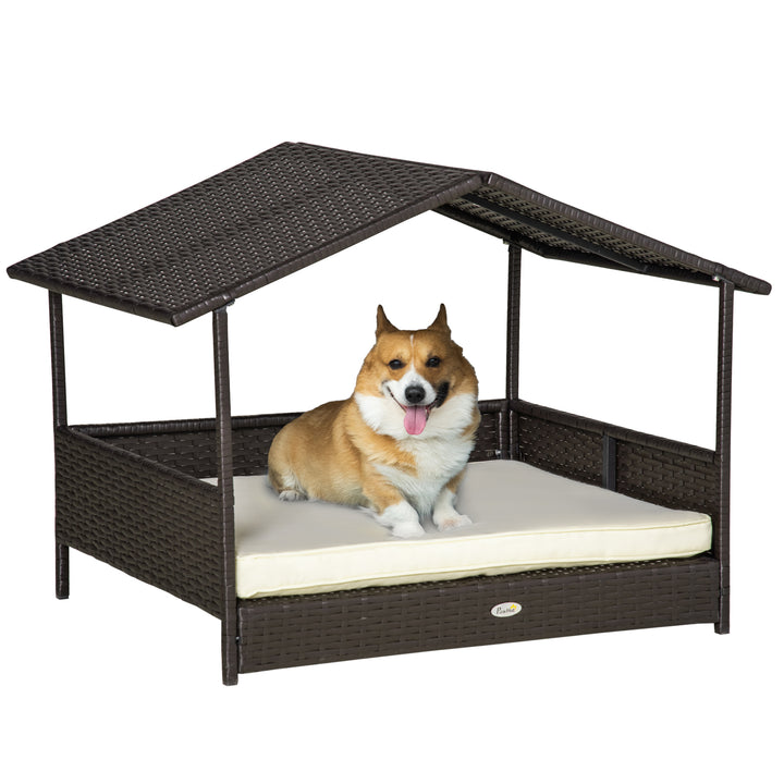Wicker Dog House, Rattan Pet Bed with Soft Cushion, Canopy, Cat House with Anti-slip Pads, Brown, 98 x 69 x 73 cm