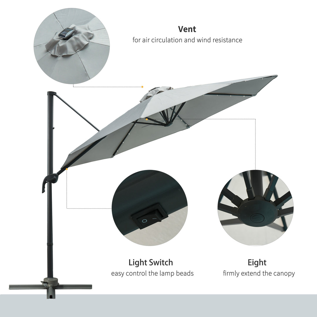 Outsunny 3(m) Cantilever Roma Parasol Patio Sun Umbrella with LED Solar Light Cross Base 360° Rotating Outdoor, Grey