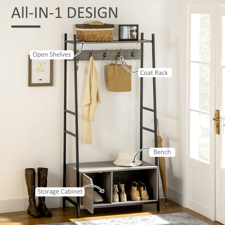 Coat Rack Stand, Shoe Bench with 5 Hooks and Storage Cabinet, Freestanding Metal Frame Hall Tree for Hallway, Grey