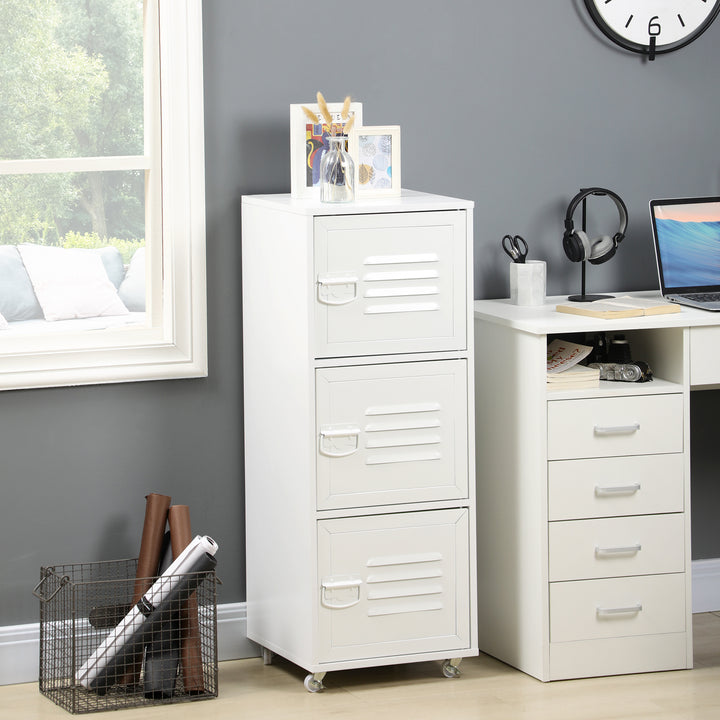 HOMCOM Rolling Storage Cabinet 3-Tier Mobile File Cabinet with Wheels &amp; Metal Doors for Home Office, Living Room, White