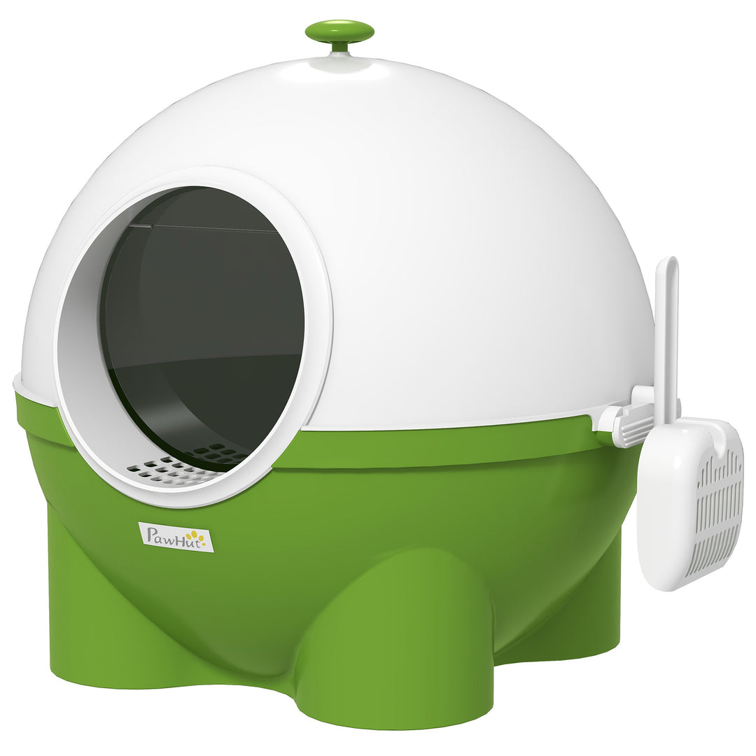 PawHut Large Cat Litter Box, Hooded Cat Litter Tray with Lid, Scoop, Top Handle, Front Entrance, 53 x 51 x 48cm - Green