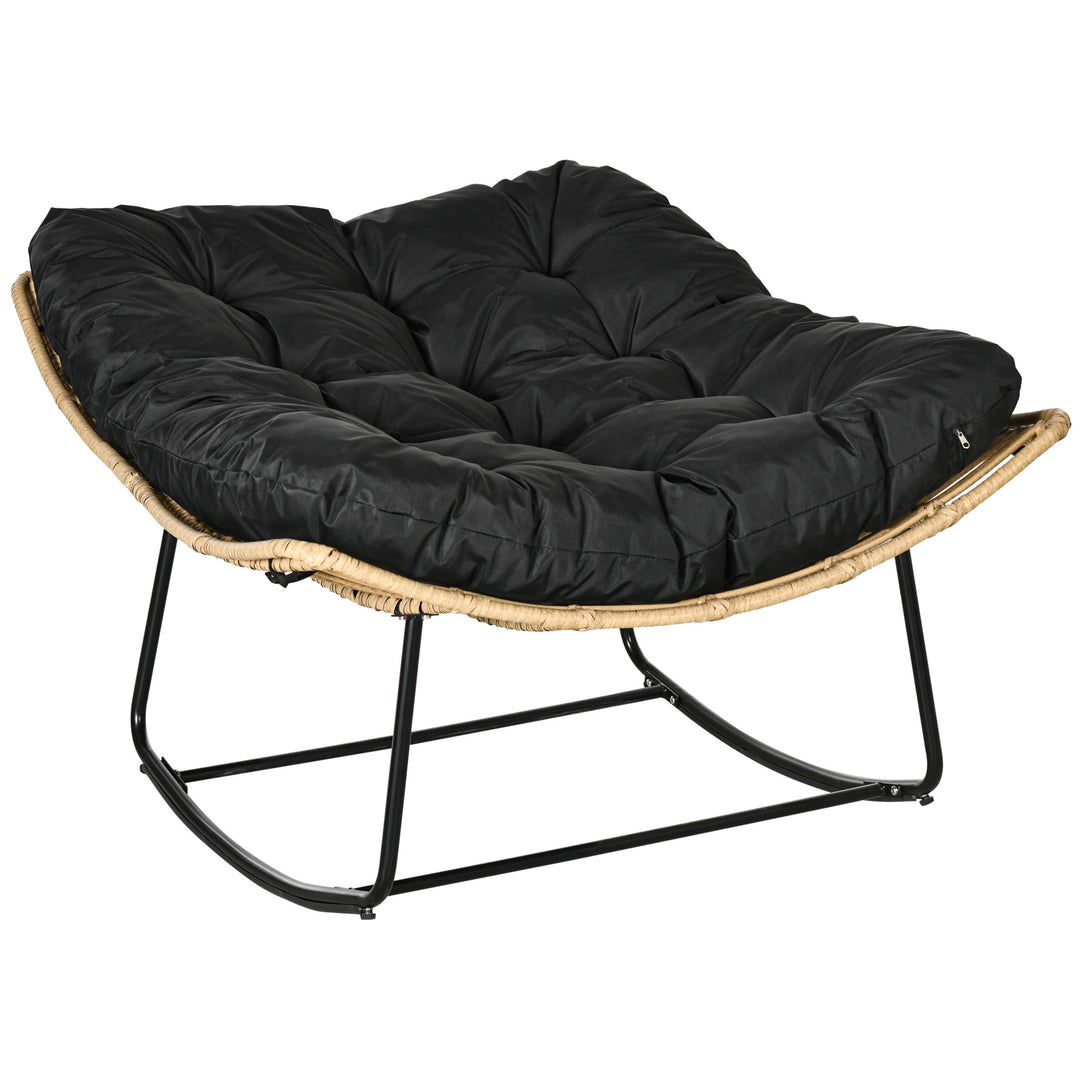 Outdoor PE Rattan Rocking Chair, Patio Luxury Round Wicker Garden Porch Furniture w/ Thick Cushion, Natural Wood Finish