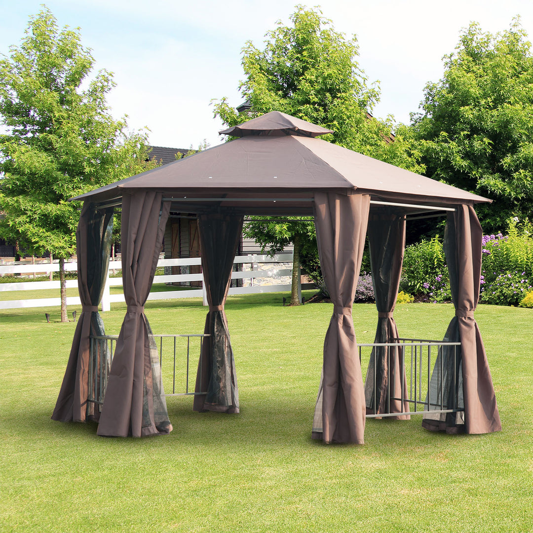 Hexagon Gazebo Patio Canopy Party Tent Outdoor Garden Shelter w/ 2 Tier Roof & Side Panel - Brown