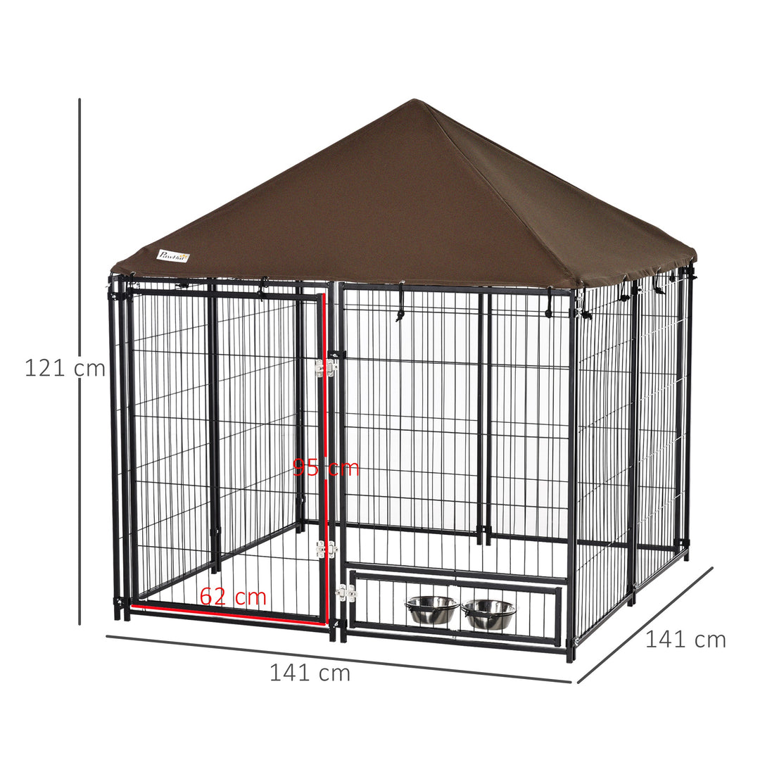 PawHut Outdoor Dog House Kennel with Water-resistant Roof Lockable Mesh Metal Cage Steel Fence, 141 x 141 x 121 cm