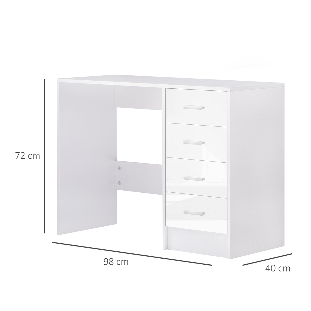 Computer Writing Desk with 4 Drawers, High Gloss Home Office Workstation, White