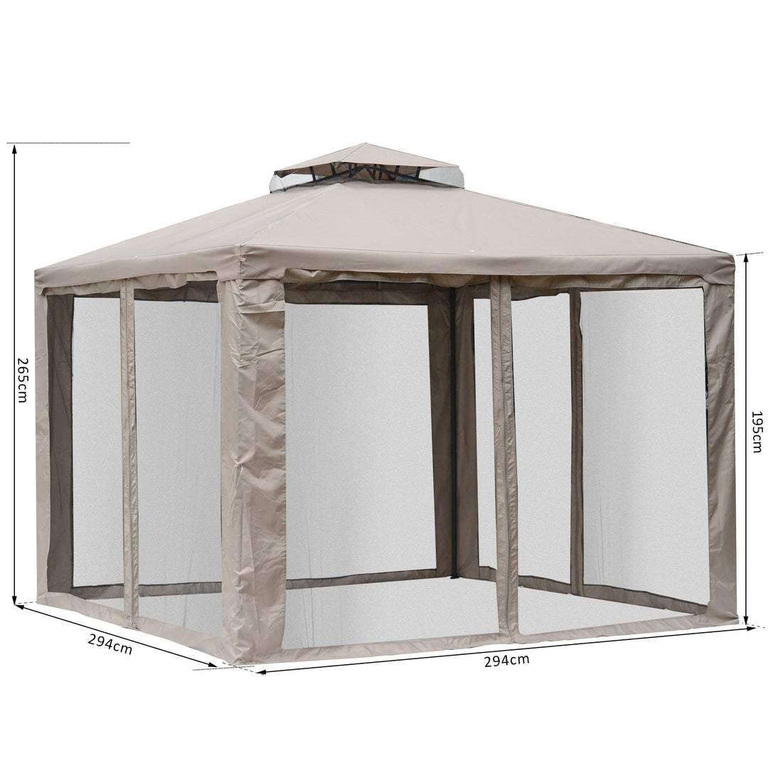 Outsunny Outdoor Garden Gazebo Tent, 2-tier Roof W/Netting, 295L x 295W x 263Hcm-Taupe
