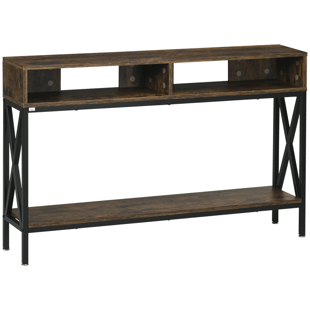 Console Table, Entryway Table with 3 Compartments, Metal Frame, Adjustable Feet for Living Room, Hallway, Rustic Brown
