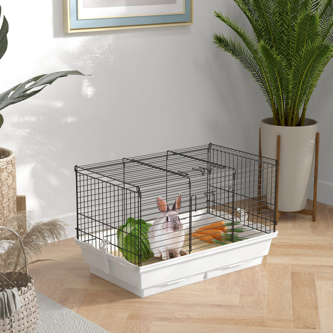 PawHut Indoor Small Animal Cage with Wood Floor, Bunny Guinea Pig House with Removable Tray, 61.5 x 38 x 40 cm, White