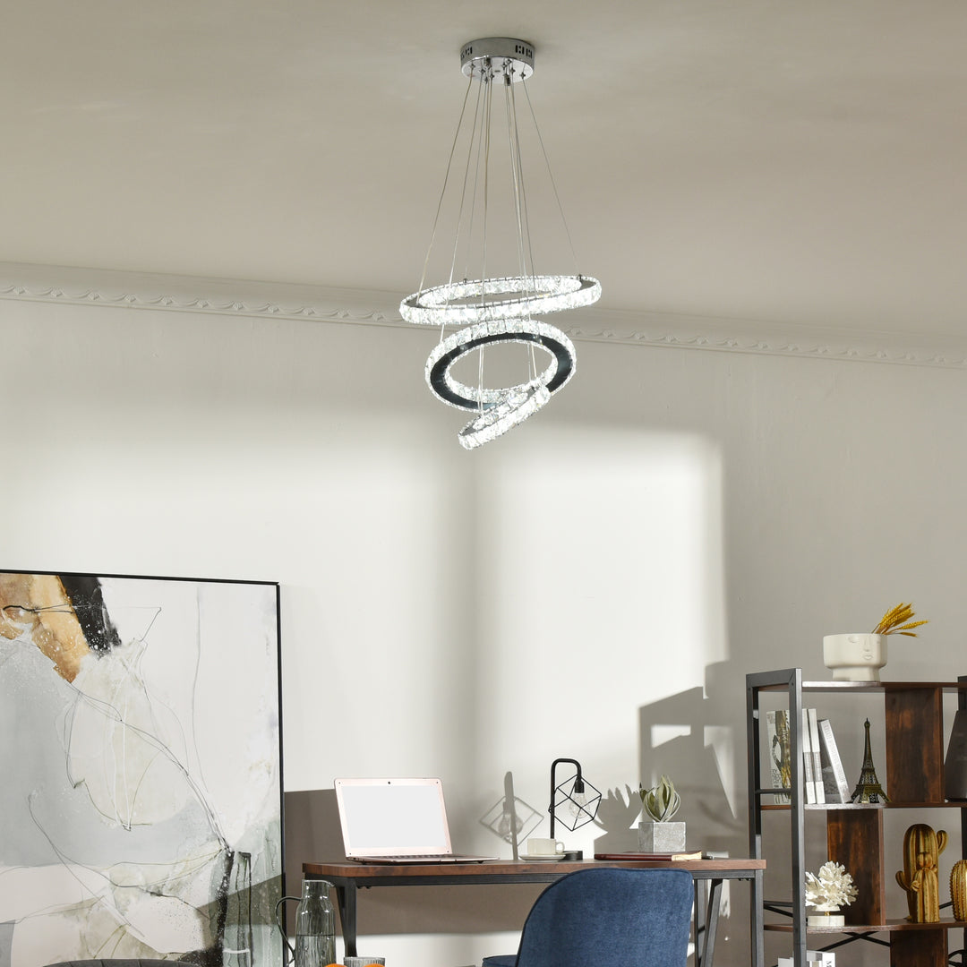 Modern LED Chandelier with 3 Crystal Rings, Dimmable Pendent Ceiling Light Cool Warm White with Adjustable Cable Remote Controller, Silver