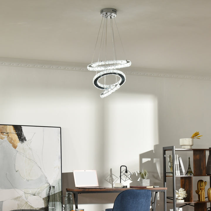 Modern LED Chandelier with 3 Crystal Rings, Dimmable Pendent Ceiling Light Cool Warm White with Adjustable Cable Remote Controller, Silver