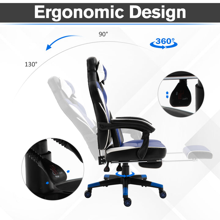 Vinsetto Cool &amp; Stylish Gaming Chair Ergonomic Recliner w/ Thick Padding Footrest Neck &amp; Back Pillow 5 Wheels Racing Swivel Height Adjustable Blue