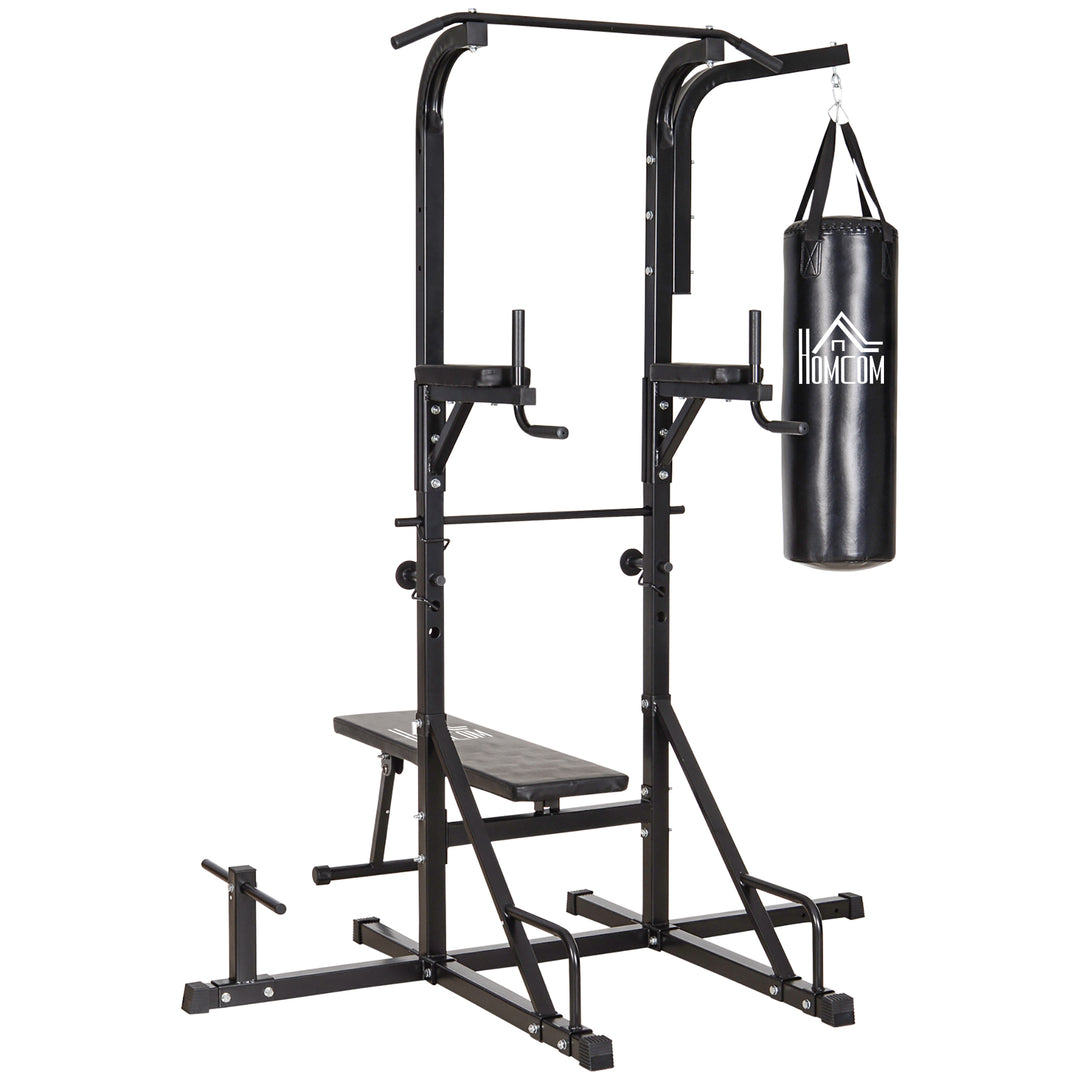 Home Gym Power Tower with Bench and Punching Bag, Multi-Function Adjustable Dip Sit Up Workout Station Equipment Heavy Duty for Home