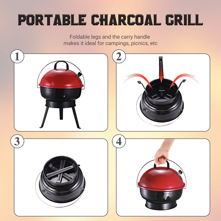 Charcoal BBQ Charcoal Grill Metal Portable Tripod Grill Black Red