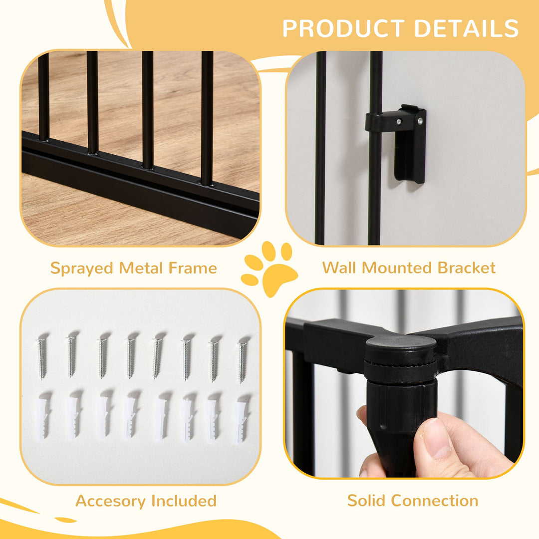 PawHut Pet Gate 3-Panel Playpen Metal Safety Fence Stair Gate For Dogs Barrier Room Divider with Walk Through Door Automatically Close Lock