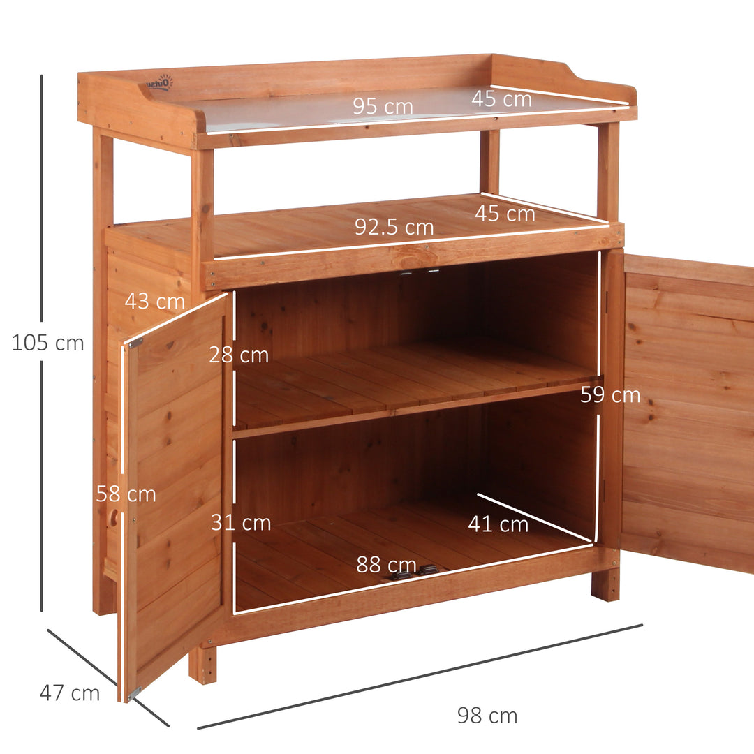 Multi-function Potting Bench Table w/ Storage Cabinet and Galvanized Table Top, Wooden Planting Workstation, 98cm x 47cm x 105cm