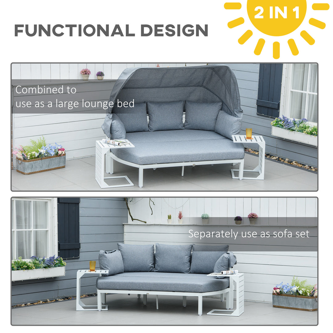 4 Pieces Outdoor Garden Sofa Set, Aluminum Patio Lounge Bed Furniture Set, with Canopy, Padded Cushions &amp; Side Tables, White