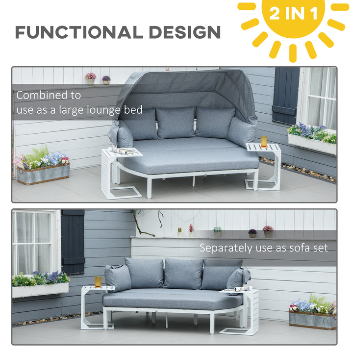 4 Pieces Outdoor Garden Sofa Set, Aluminum Patio Lounge Bed Furniture Set, with Canopy, Padded Cushions &amp; Side Tables, White