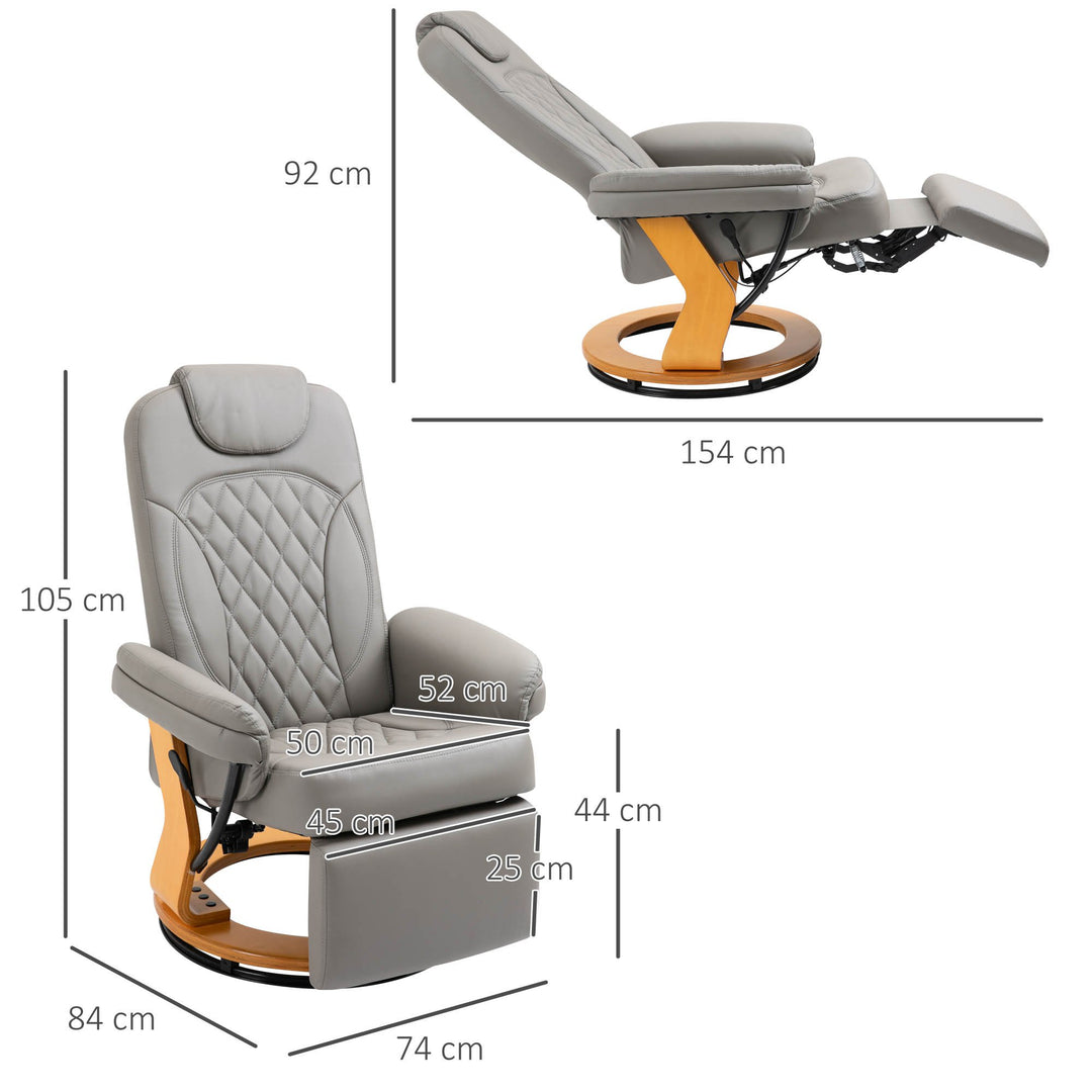 HOMCOM PU Recliner Chair with Footrest, Headrest, Round Wood Base, Lounge Reading Armchair for Living Room, Bedroom, Office, Grey