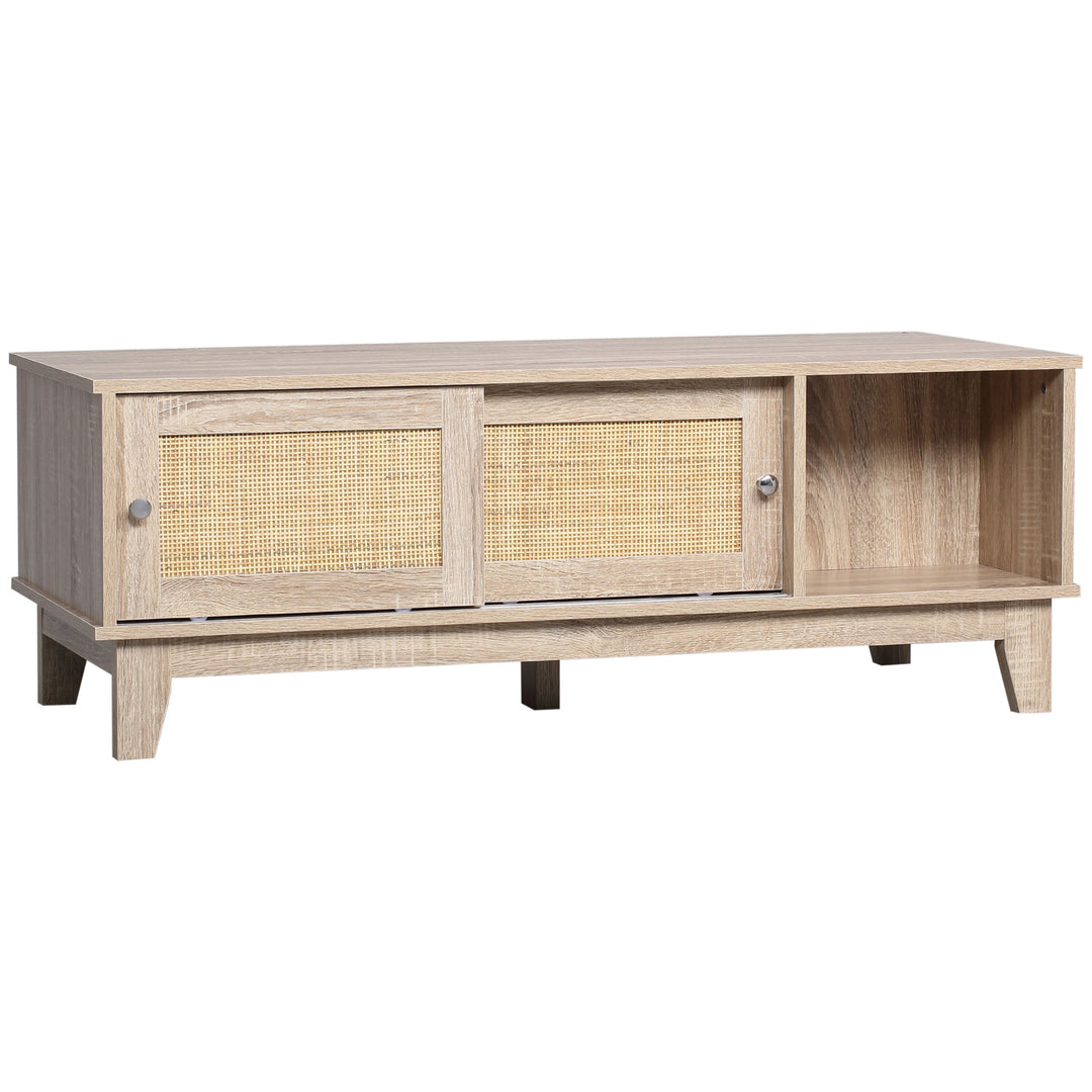 Coffee Table with Storage, Tea Table with Sliding Doors and Natural Woven Rattan for Living Room, Office, Study Room, Reception Room