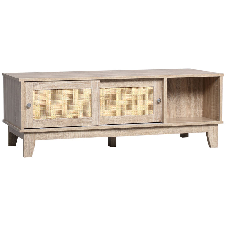 Coffee Table with Storage, Tea Table with Sliding Doors and Natural Woven Rattan for Living Room, Office, Study Room, Reception Room