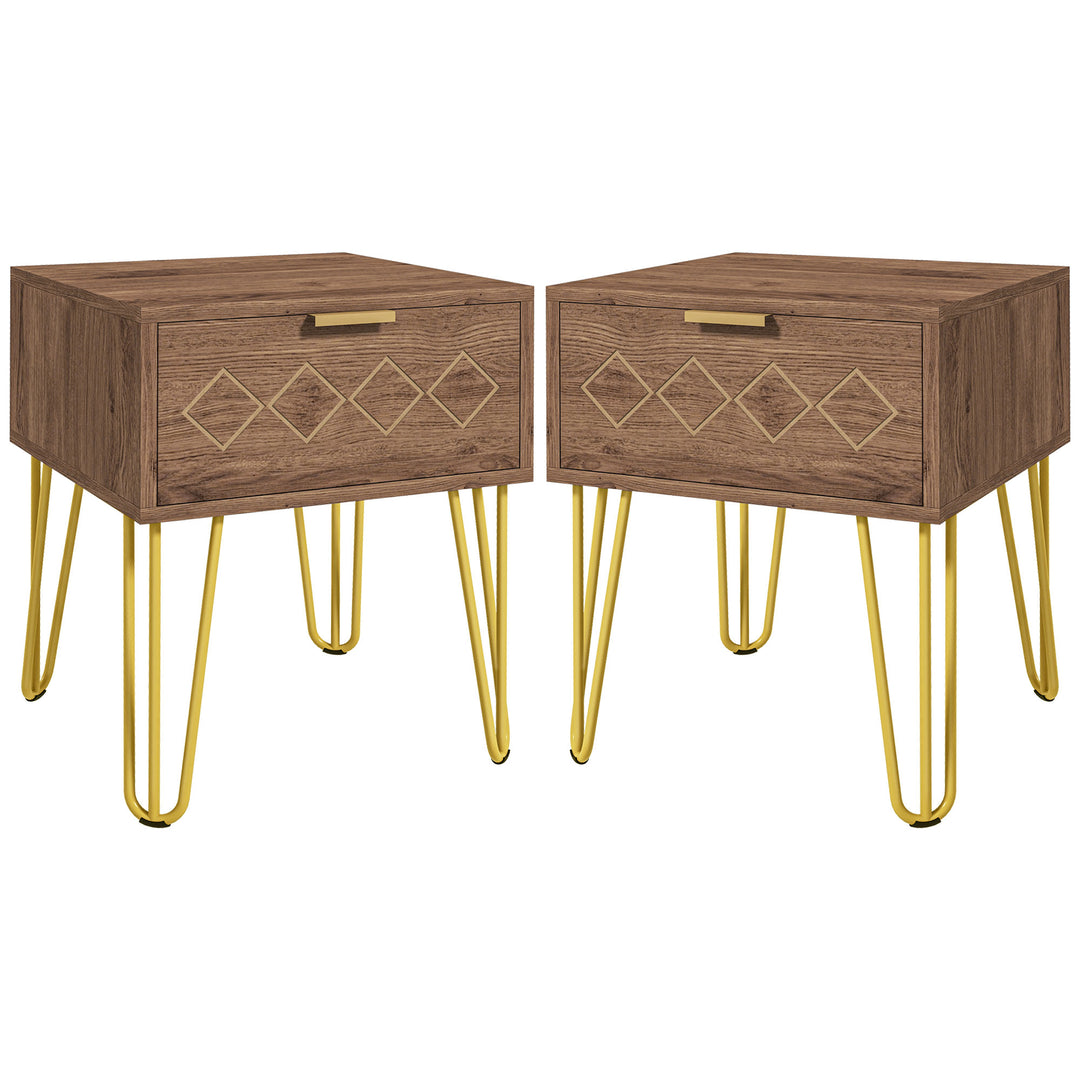 Bedside Table Set of 2 with Drawer, Wooden Nightstand, Modern Sofa Side Table with Gold Tone Metal Legs for Bedroom