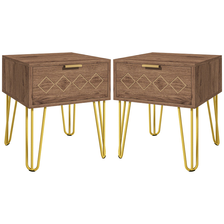 Bedside Table Set of 2 with Drawer, Wooden Nightstand, Modern Sofa Side Table with Gold Tone Metal Legs for Bedroom