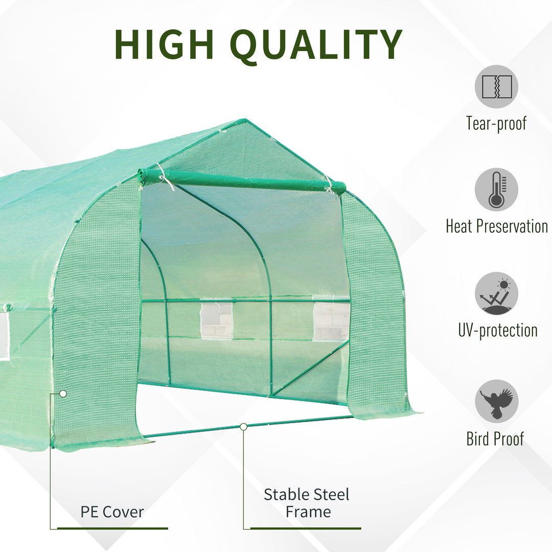 6 x 3 m Large Walk-In Greenhouse Garden Polytunnel Greenhouse w/ Metal Frame, Zippered Door and Roll Up Windows, Green