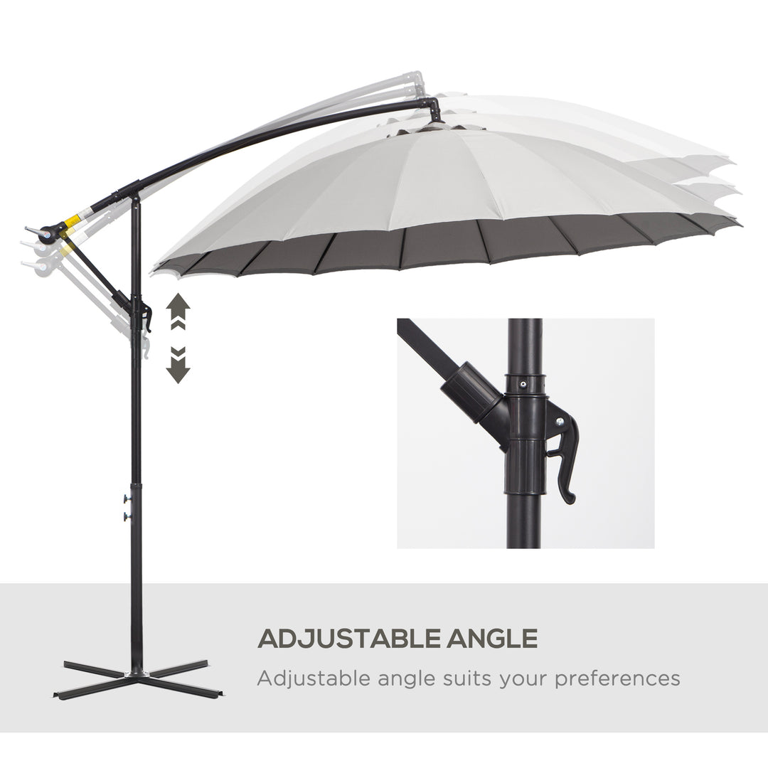 Outsunny 3(m) Cantilever Garden Hanging Banana Sun Umbrella with Crank Handle, 18 Sturdy Ribs and Cross Base, Grey