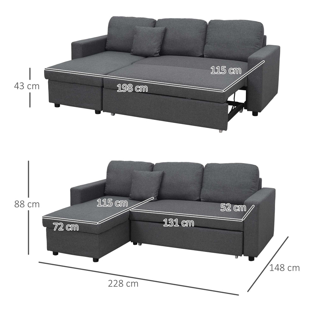 3 Seater Corner Sofa Bed with Storage, L Couches for Living Room with Chaise Lounge, Double Sofa, Grey
