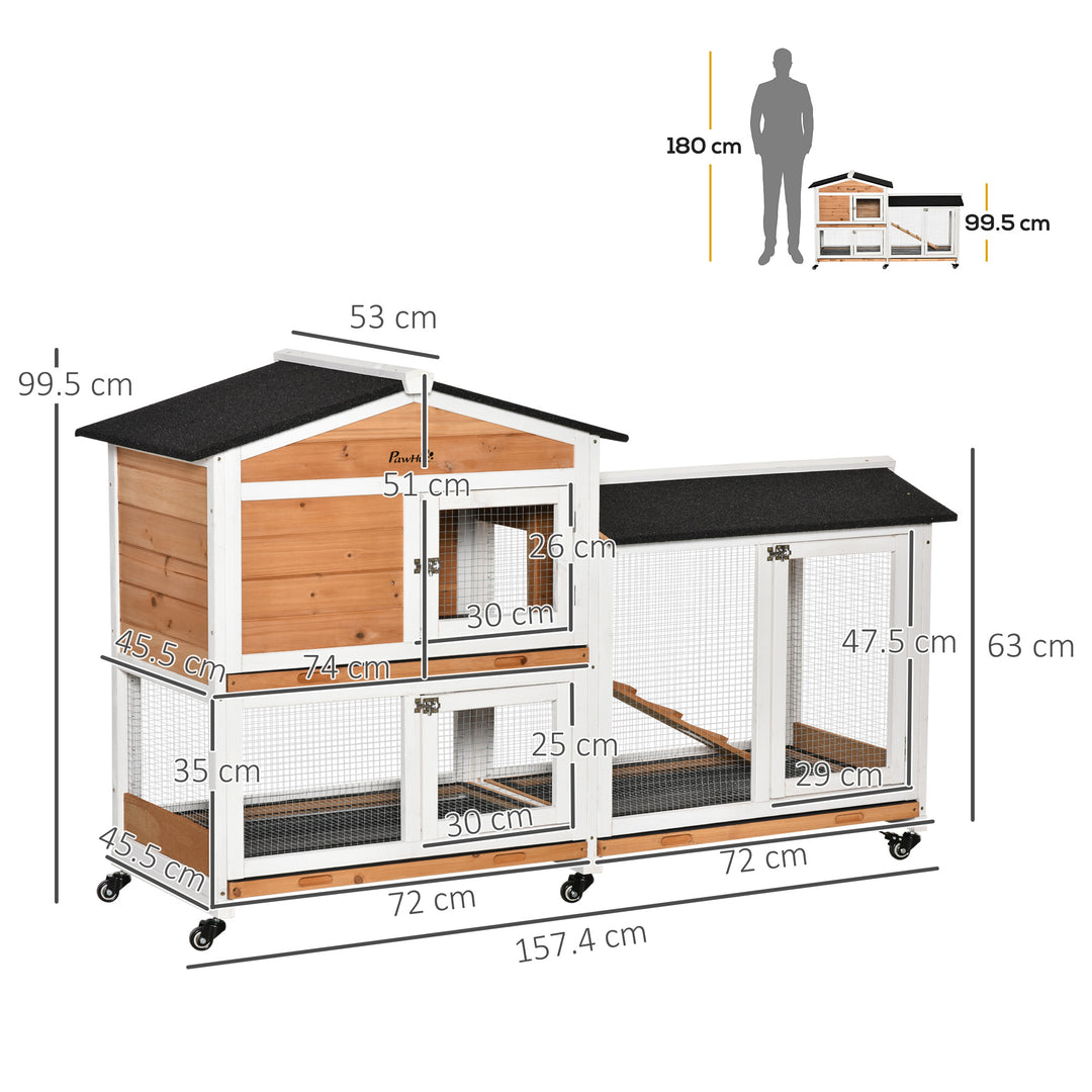 PawHut Two-Tier Wooden Rabbit Hutch Mobile Guinea Pig Cage Bunny Run w/ Wheels, Run, Slide-Out Tray, Ramp