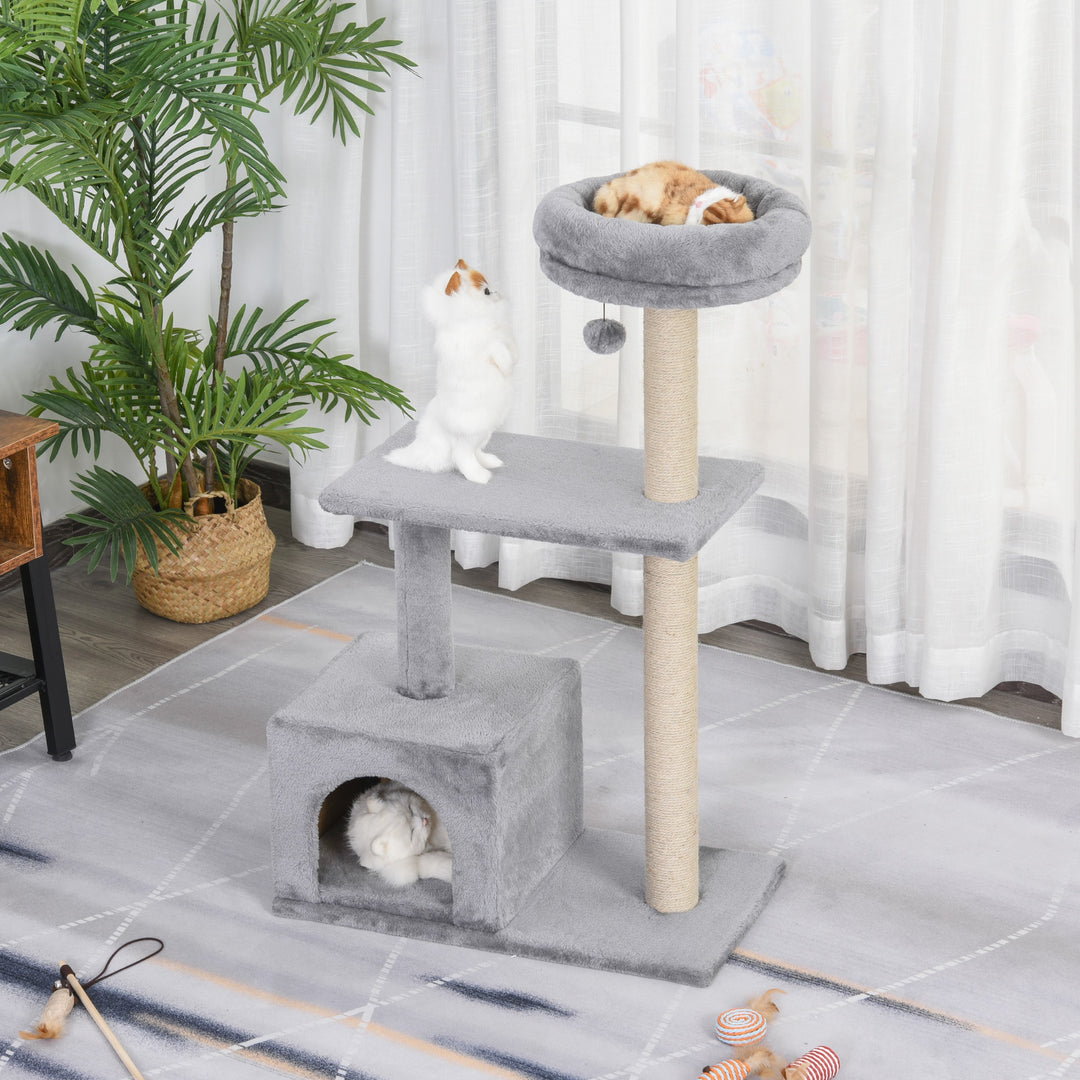 PawHut Cats Sisal Rope 3-Tier Scratching Tree Grey