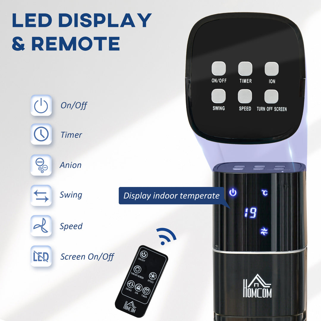 HOMCOM 47" Anion Tower Fan Cooling for Bedroom with 3 Speed, 12h Timer, Oscillating, LED Display, Remote Controller, Black